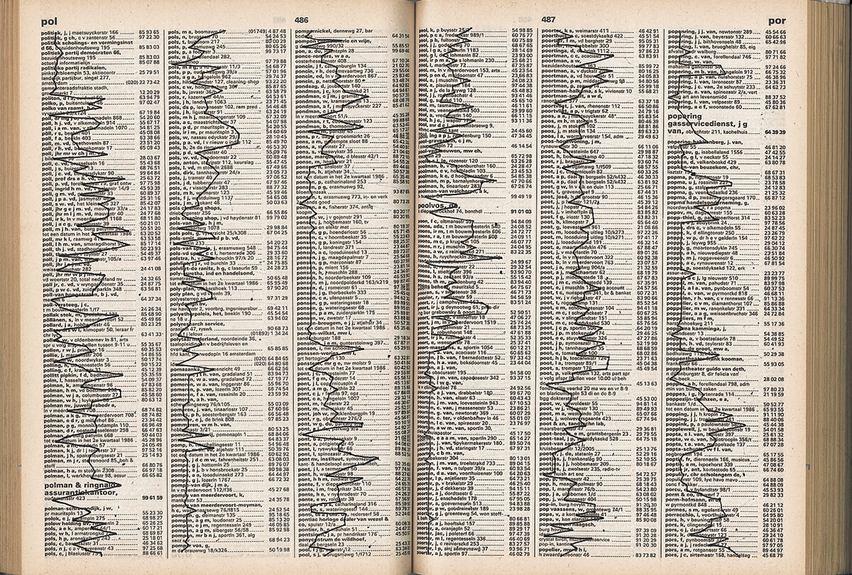 Telefoonboek, page 484+487 of 938 pages, open 29 x 45 cm, ink on book, 1991