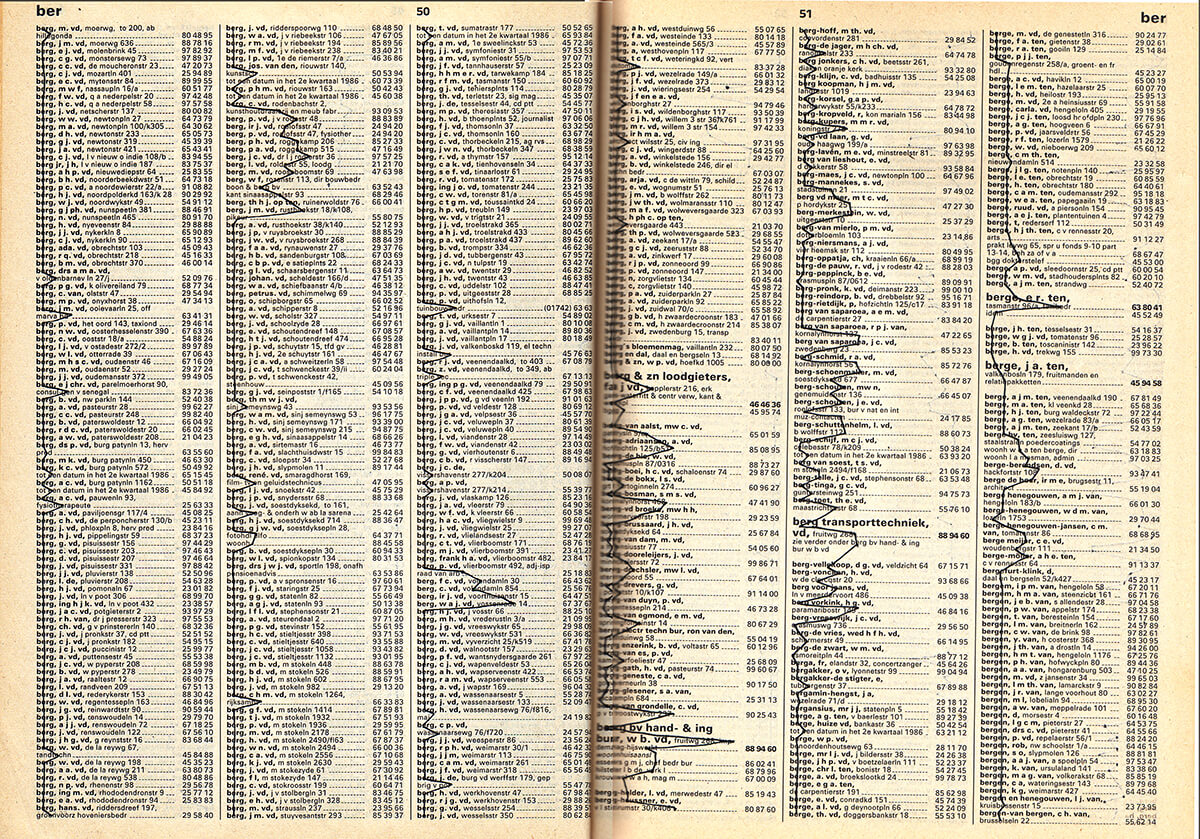 Telefoonboek, page 50+51 of 938 pages, open 29 x 45 cm, ink on book, 1991