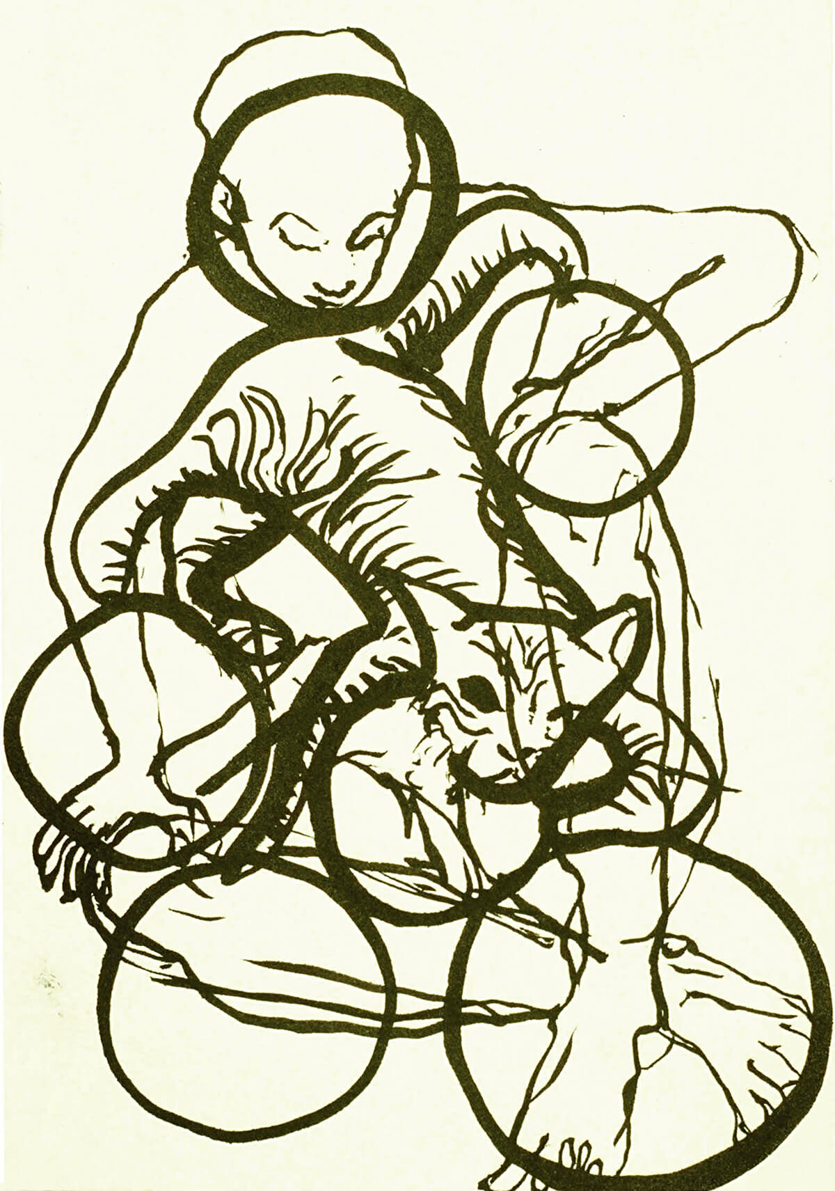 untitled (person, cat and cirkels), 16 x 11 cm, ink on paper, 2000