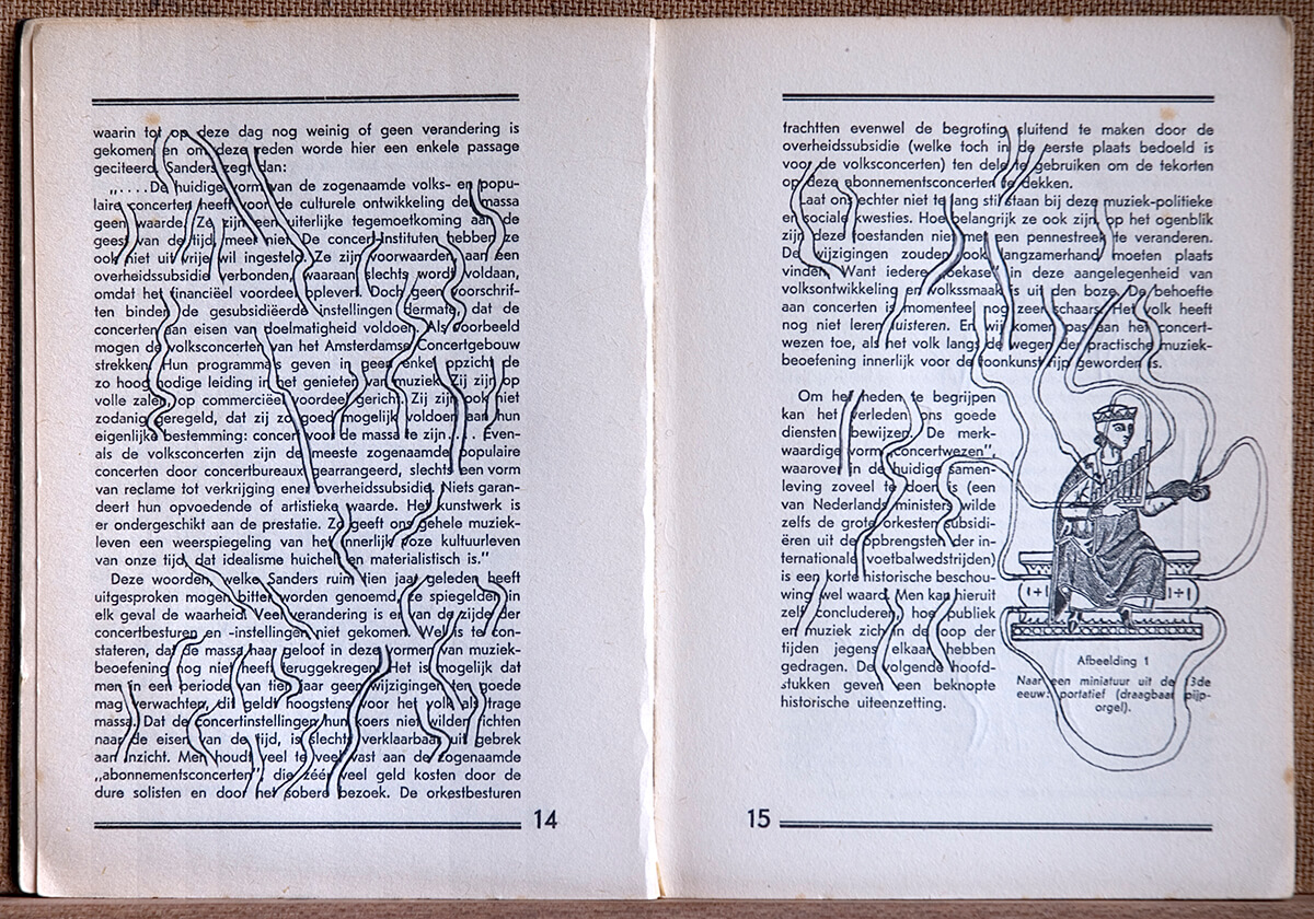 Volksmuziek, page 14+15 of 88 pages, open 20 x 30 cm, ink on book, 2002