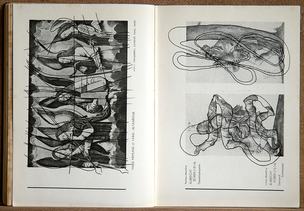 Volksmuziek, page 64+65 (Memling+Dürer) of 88 pages, open 20 x 30 cm, ink on book, 2002