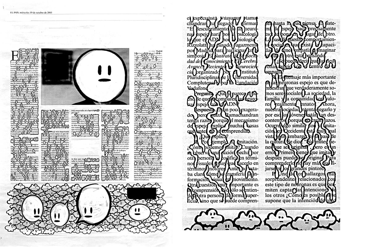 Neuronas espejo (with detail), 42 x 30 cm, ink on newspaper, 2005