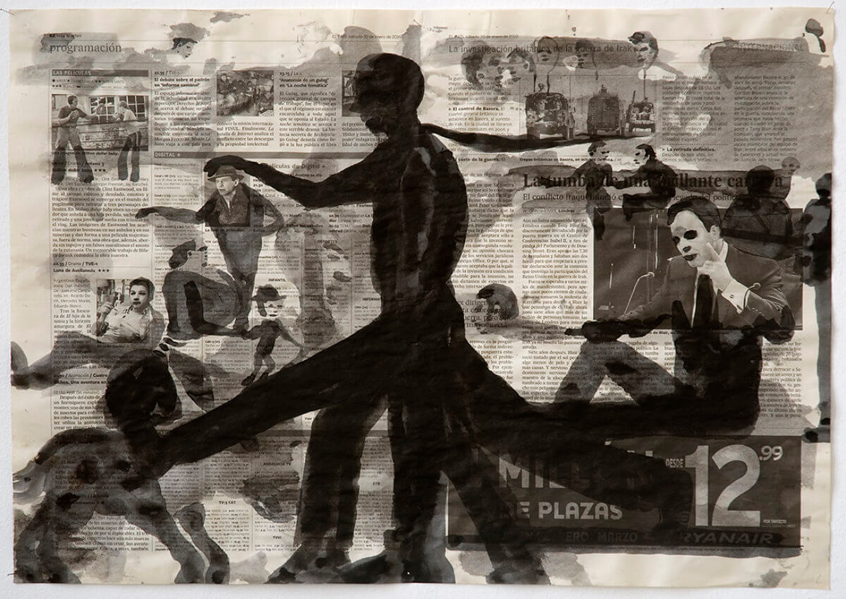 Sobre El País (Walking 5 legs), series 38 drawings, 40 x 57 cm, ink on newspaper, 2010