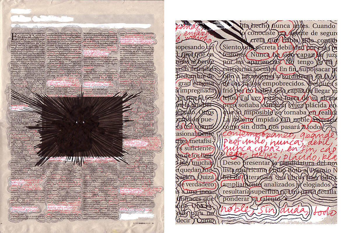 Se conservan (ojitos, with detail), 41 x 29 cm, ink on newspaper, 2010