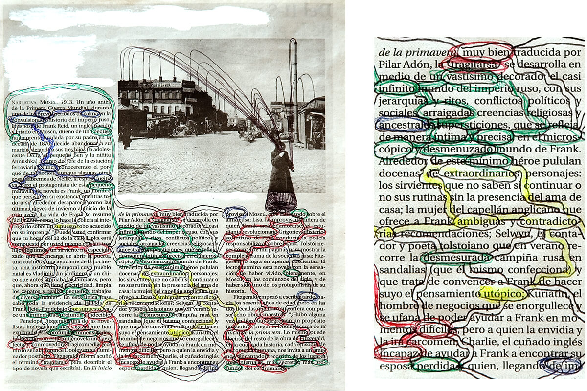 Narativa Moscú (with detail), 22.5 x 19,5 cm, ink and correction fluid on newspaper, 2011
