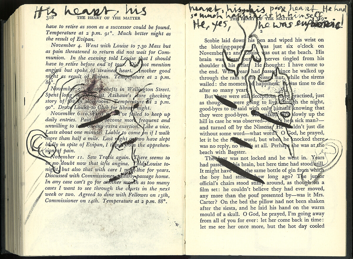 The Heart. page 318+319 of 334 pages, 17.7 x 23,7cm, ink on book, 2013