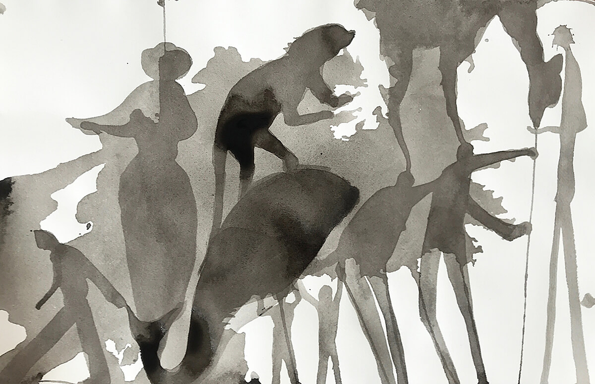 Untitled (people, animals), 2022, Chinese ink on watercolor paper, 32 x 50 cm
