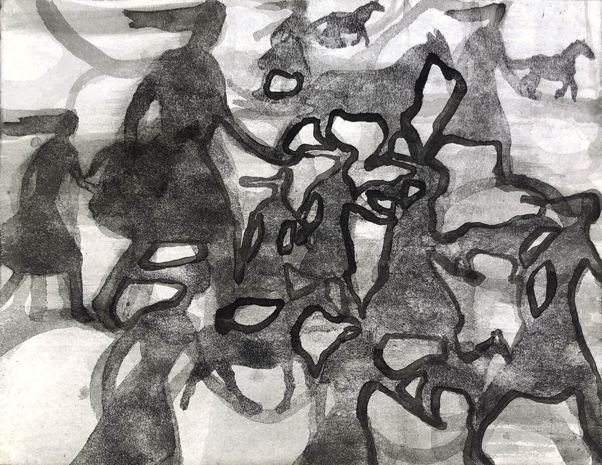 Untitled (girls running), 2022, Chinese ink on watercolor paper, 25 x 33 cm