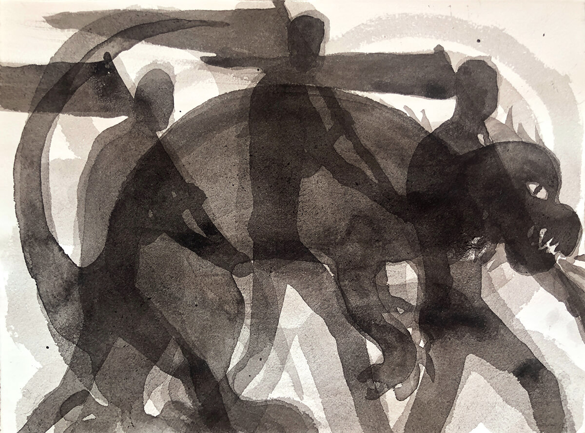 Untitled (flag bearers), 2022, Chinese ink on watercolor paper, 25 x 33 cm
