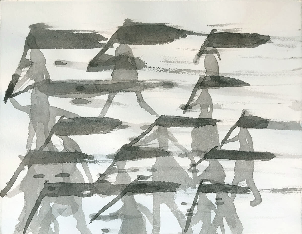 Untitled (flag parade), 2022, Chinese ink on watercolor paper, 25 x 33 cm