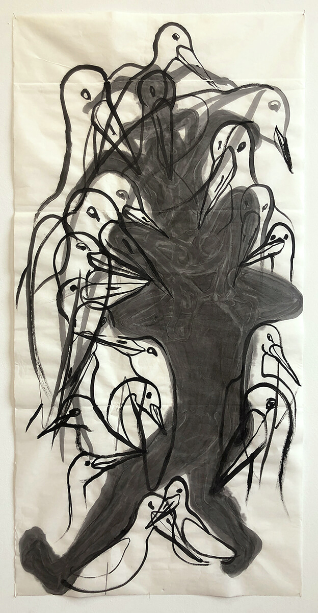 Untitled (birds, people), 2022, Chinese ink on rice paper, 142 x 78 cm
