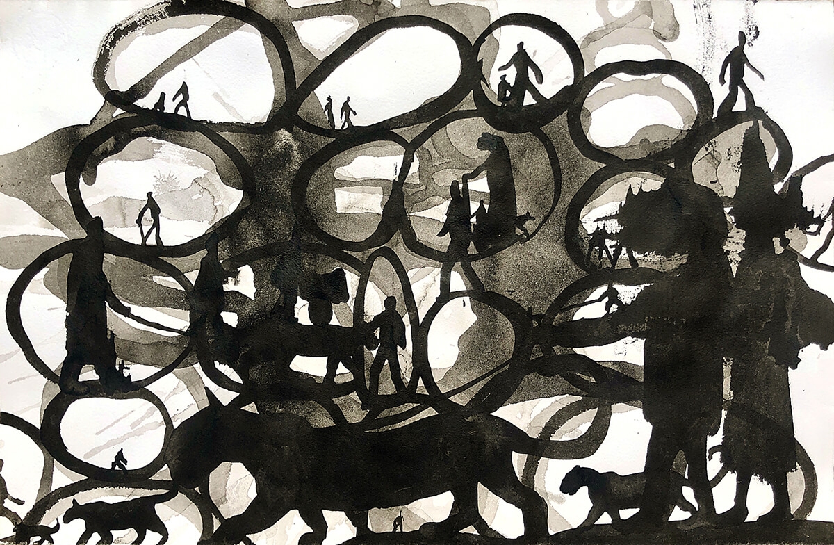 Panther walk in bubble town, 2023, Chinese ink on paper, 25 x 32,5 cm