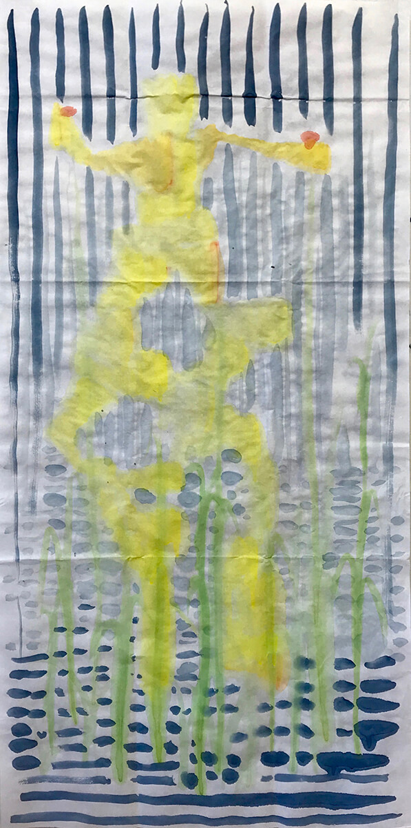 Untitled (yellow_thrower), 2021, watercolor on ricepaper, 142 x 78 cm
